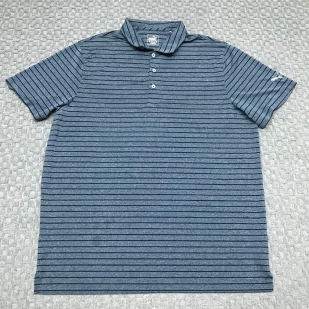 Puma Polo Shirt Mens 2XL Blue Striped Polyester Golf Performance Casual